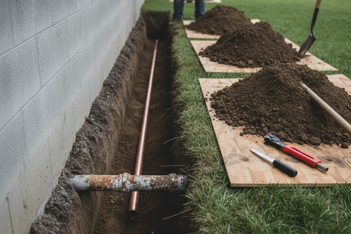 Excavated water line trench during Sewer Line Repair in Belcher